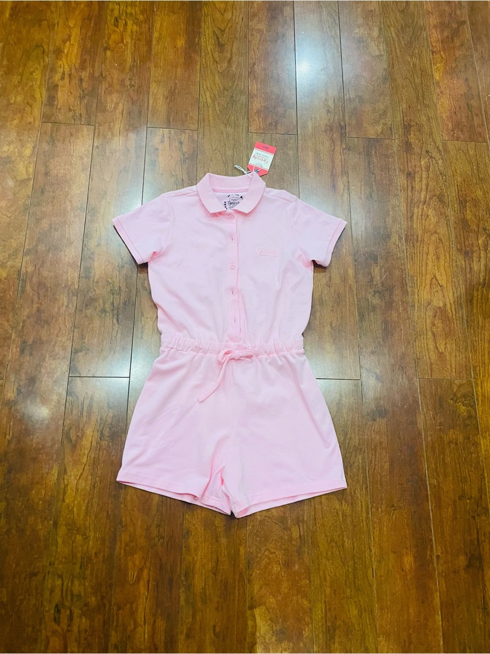 Girls' Short-Sleeve Pink Polo Romper with Drawstring Waist